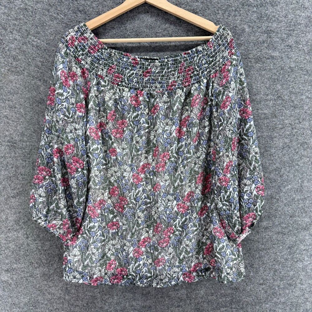 AB Studio Blouse Women XL Gray Floral Lined 3/4 Sleeve Round Neck Lined Casual